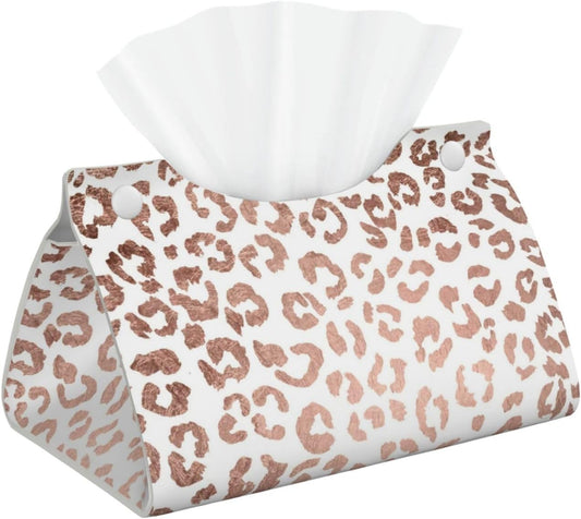 Stylish Hand Drawn Rose Gold Leopard Print Tissue Box Cover Rectangle PU Leather Facial Case Paper Holder Organizer for Decor Bathroom Vanity Countertop Bedroom Dresser Night Stand Desk Car Office