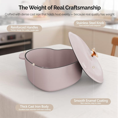 Enameled Cast Iron Heart-Shaped Pot with Lid, Dual Handles, Works on All Stovetops, Oven Safe to 500°F, 4-Quart, Pink,Include Two Silicone Oven mitts