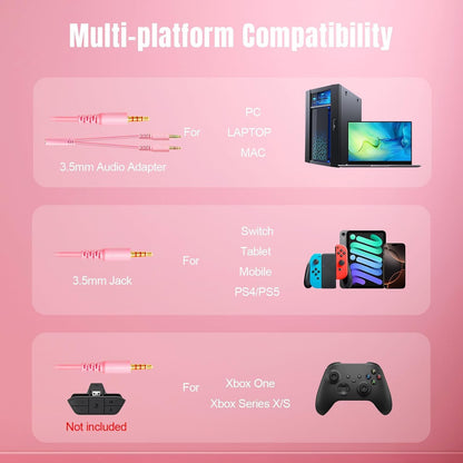 K98 Gaming Headset with Mic, Wired Over Ear Headphones for PC, PS5, PS4, Xbox One, 50mm Stereo Surround Sound, Aluminum Frame, Memory Foam Ear Cushions, Noise Cancelling Mic (Pink)