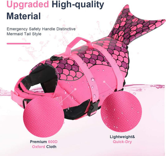 EMUST Dog Life Jacket Mermaid, Ripstop Dog Life Vests with Rescue Handle for Small Medium and Large Dogs, Pet Safety Swimsuit Preserver for Swimming Pool Beach Boating, XS