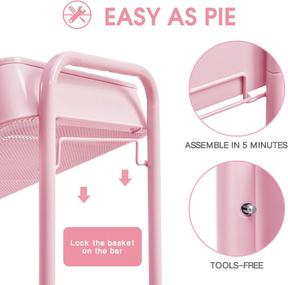 TOOLF 3-Tier Rolling Cart - Metal Utility Storage Organizer with Lockable Wheels, 33 lbs Per Shelf, Tool-Free 5-Min Assembly, for Kitchen Bathroom Office Nursery Craft Room, Pink