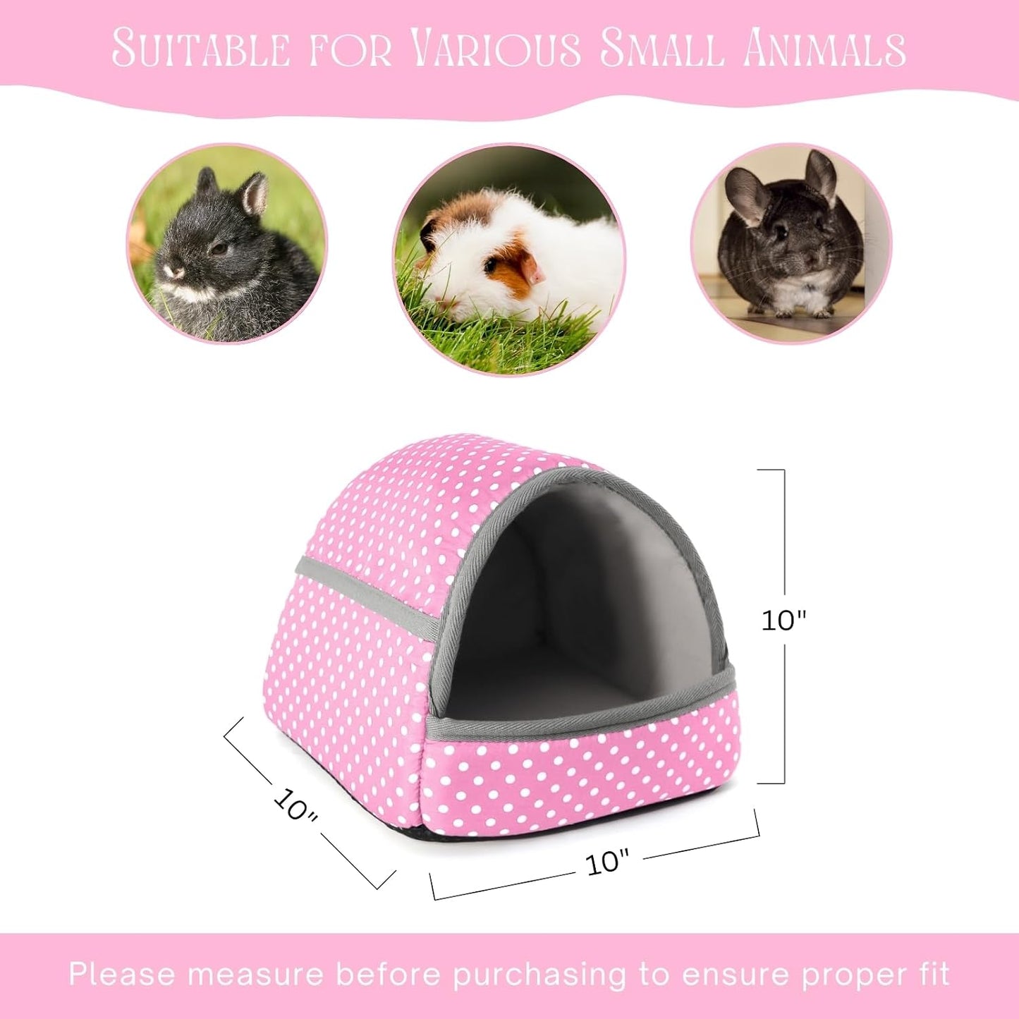 Guinea Pig Hideout with Cuddle Pouch - Washable Dwarf Rabbit Bed, Durable Fabric with Soft Lining - Small Animal Cage Accessories - Pink Dot