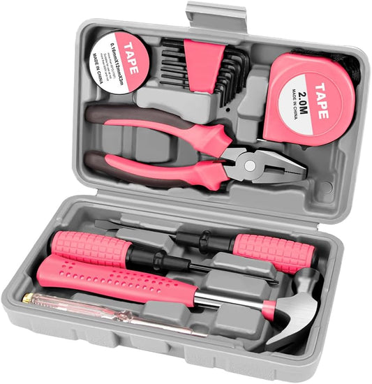 13 Piece Pink Tool Set, Mini Tool Box for Women. Home Tool Kit with Plastic Storage Toolbox for All Purpose Office, Garage, Apartment and College Dorm