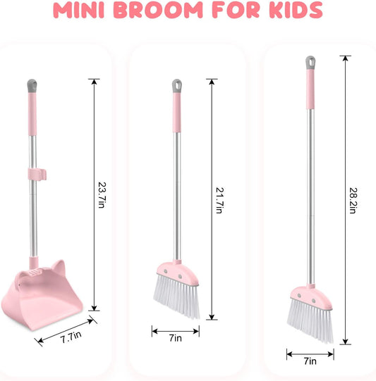 Mini Broom with Dustpan for Kids, 28-in Handle Kids Broom and Dustpan Set for Toddlers Cat-Shaped Children Broom and Cleaning Set Boys Girls Small Housekeeping Helper Set, Pink