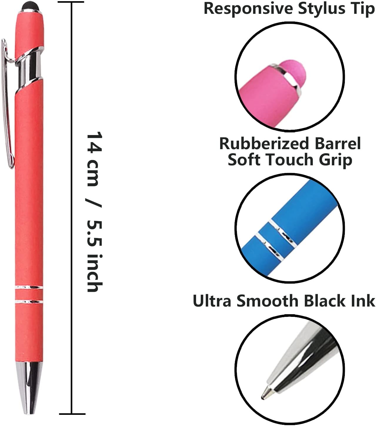 Oddmoal Ballpoint Pen with Stylus Tip, Soft Touch Click Metal Pen, 1.0mm Medium Point, Black Ink, 12 Count(Peach)