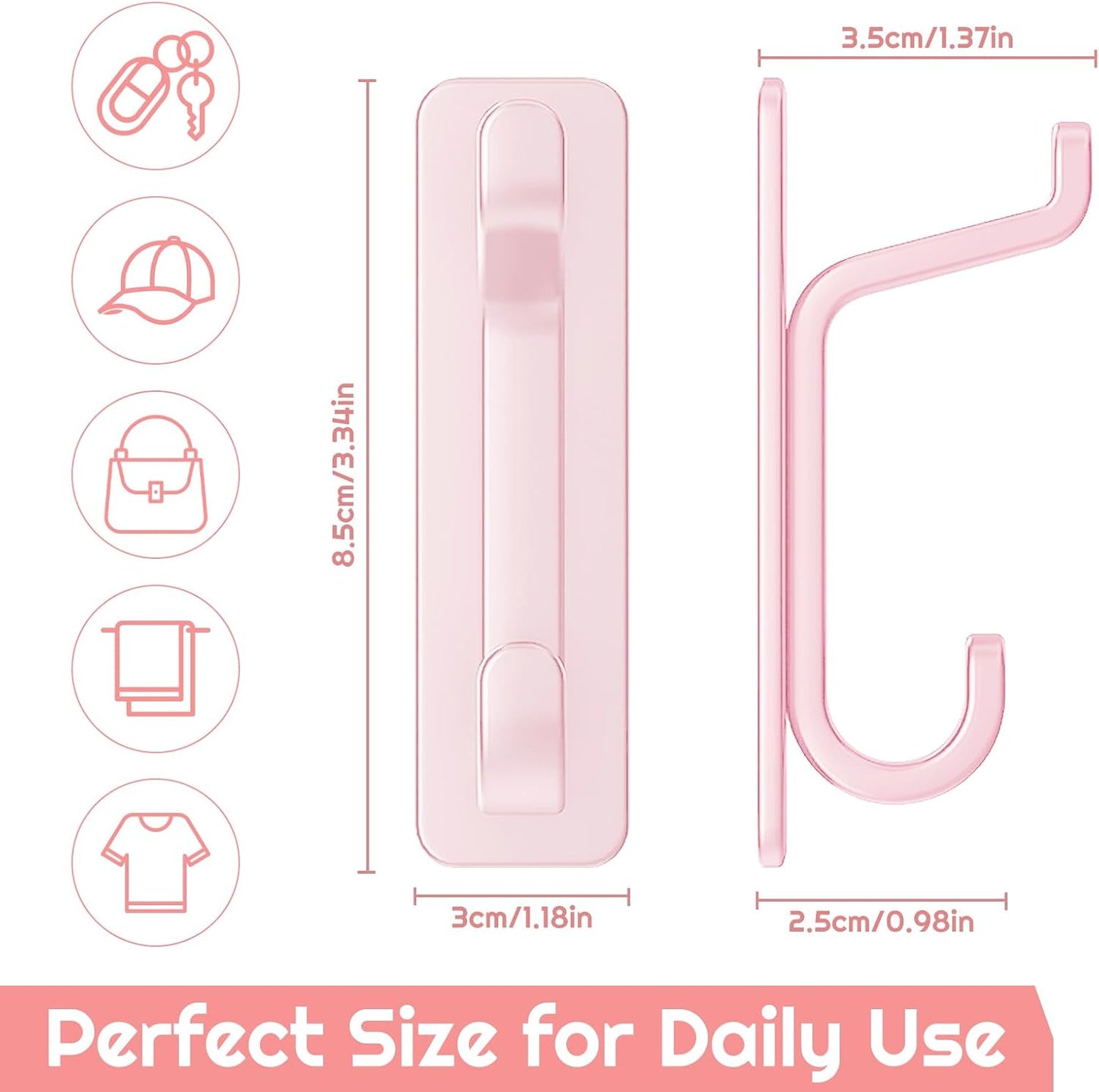 Wall Hooks for Coat and Towel: 13LB Strong Adhesive Door Hanger Stick on, Black 5 Pack (Pink)