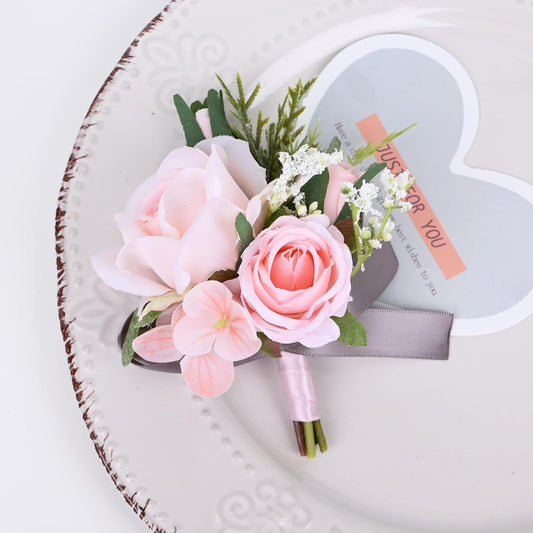 MAFELOE Artificial Rose Corsage Boutonniere Set for Groom Bride Groomsmen Bridesmaids, Simulated Flowers Accessories Wedding Party Prom Suit Decorations- 2 Pieces of Pink Combination