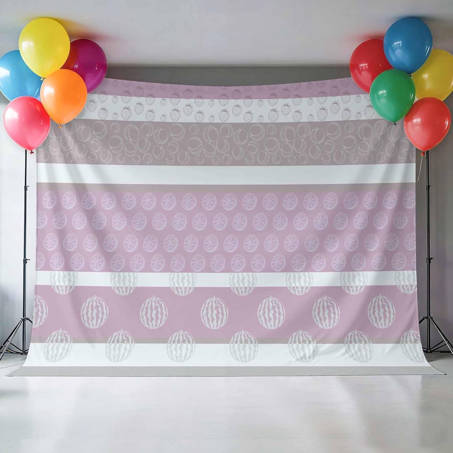 Farm Fruits Backdrop Background for Photography, Watermelon Lemons Peach Pink Grey Striped Photo Backdrop Curtains Fabric Backdrops for Photoshoot Birthday Baby Shower Wedding Party 12x8Ft