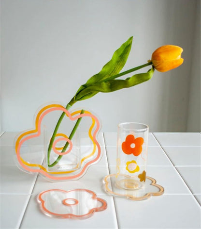 Transparent Acrylic Flower Coaster, Flower-shaped Coaster, Acrylic Coaster Home decor Decorative Ornaments (Pink)