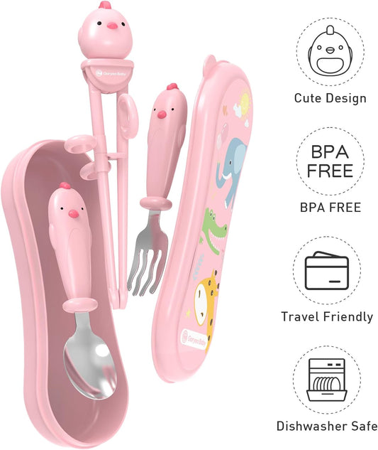 Toddler Utensils Stainless Steel Kids Silverware Set with Kids Training Chopsticks and Baby Spoon and Fork for Self Feeding Learning with Case (3PCS)(Pink)