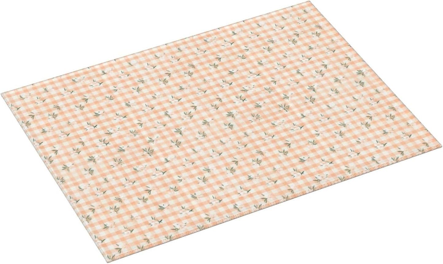 Tiny White Blossoms On Peach Cream Checkered Dish Drying Mat For Kitchen Counter, Drain Rack Mat Microfiber Quick Dry Dish Pad