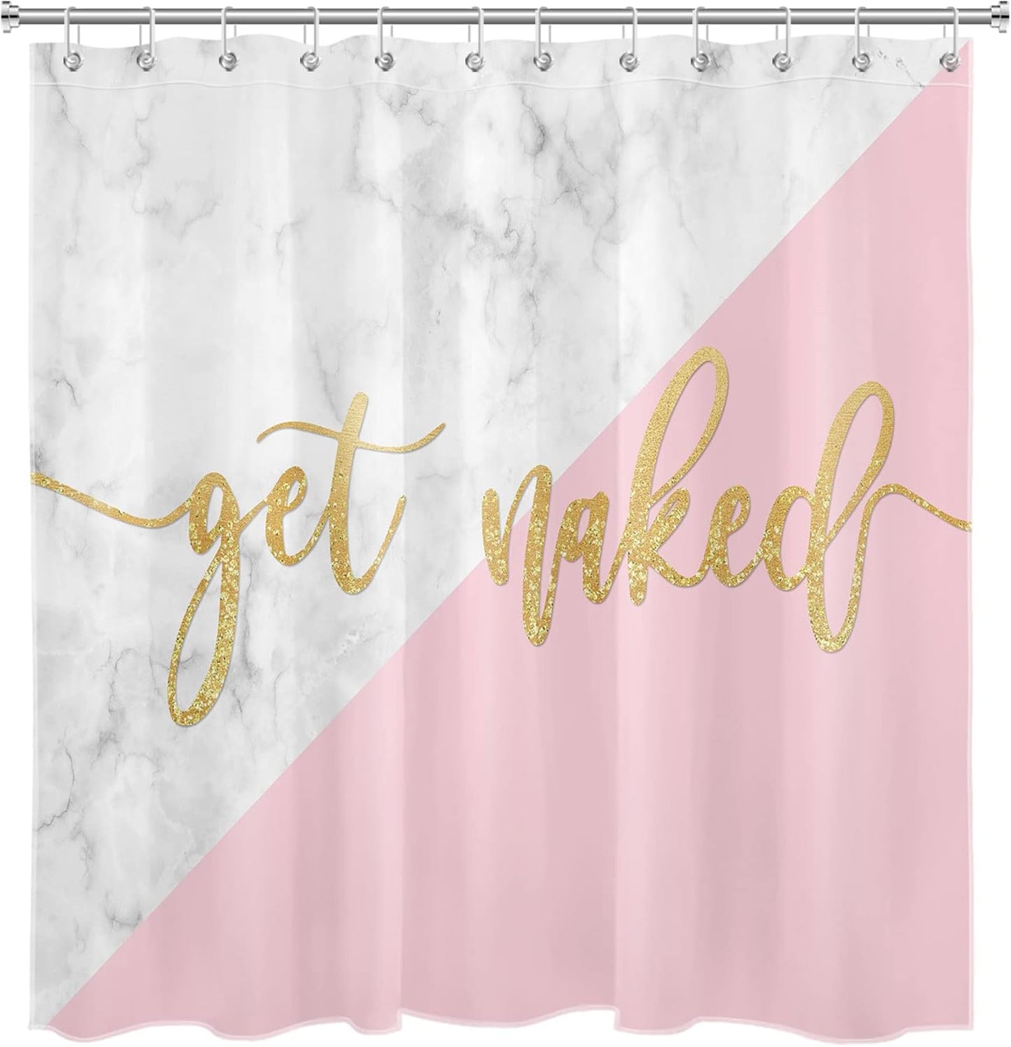 EOBTAIN Get Naked Shower Curtain for Bathroom Funny Quotes with Gold Texture on Pink and White Marble Shower Curtain with 12 Hooks Modern Abstract Bathroom Curtains Shower Set 72x72 Inch