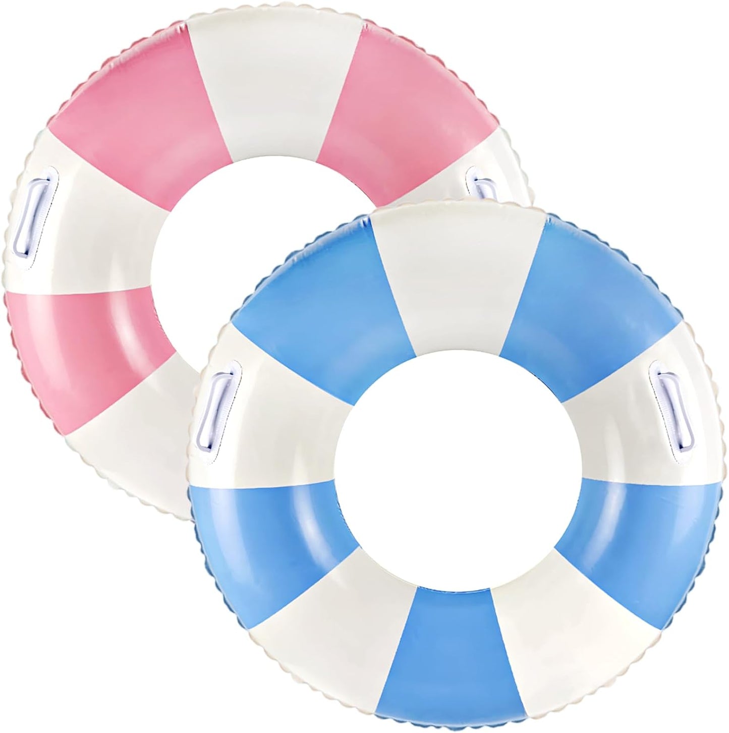 Classic Striped Pool Floats with Handle Inflatable Blue & White Stripes Tubes for Floating Large Swim Rings for Adult Summer Holiday Beach Bachelorette Party