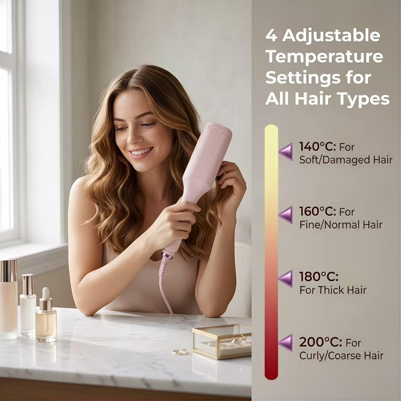 Hair Crimper for Women’s Beach Waves – Pink Deep Waver Curling Iron, 1.25-Inch Ionic Ceramic Hair Tool with Four Temperature Settings, Easy to Use for Long/Short Hair（Pink）