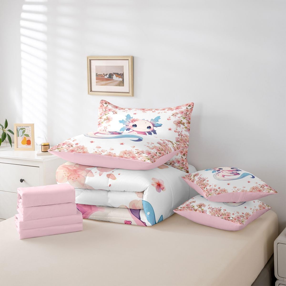 Erosebridal Blue Axolotl 7 Piece Bedding Set Twin Cartoon Salamander Animal Comforter Set with Sheets Peach Blossoms Bed in a Bag Pink Romantic Bed Sets Comforter