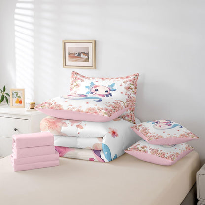 Erosebridal Blue Axolotl 7 Piece Bedding Set Twin Cartoon Salamander Animal Comforter Set with Sheets Peach Blossoms Bed in a Bag Pink Romantic Bed Sets Comforter