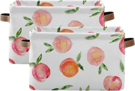 susiyo Large Foldable Storage Bin, Watercolor Peaches Fabric Storage Baskets Collapsible Decorative Baskets Organizing Basket Bin with PU Handles for Shelves Home Closet Bedroom Living Room-2Packs