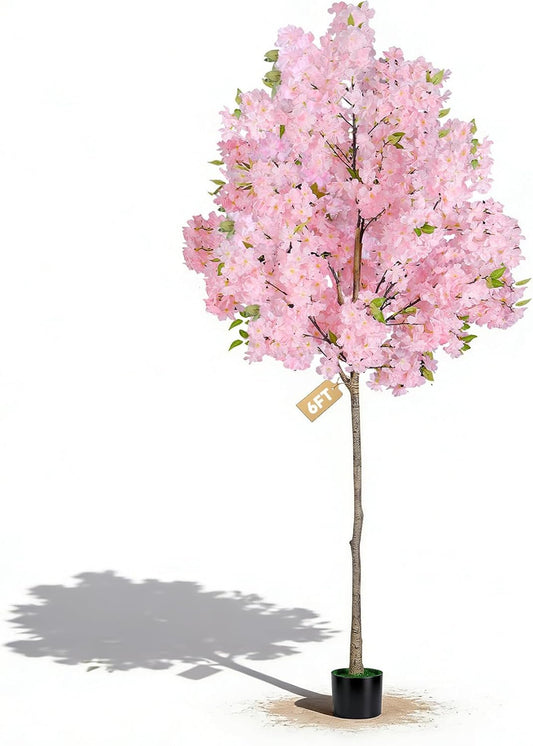 6FT Artificial Cherry Blossom Tree, Fake Pink Sakura Tree, Realistic Faux Blossom Tree for Indoor Outdoor Decor, Wedding Party Garden Home Office Decoration