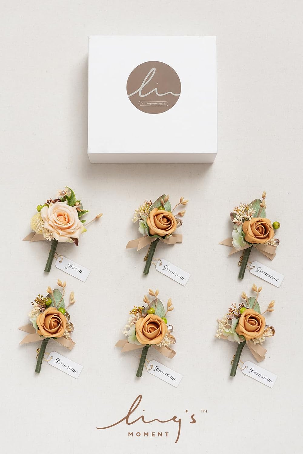 Ling's moment Boutonniere for Men, 6pcs Groom Groomsmen Boutonniere, Artificial Flowers for Wedding Decor/Prom/Homecoming, etc.Yellow Apricot Peach