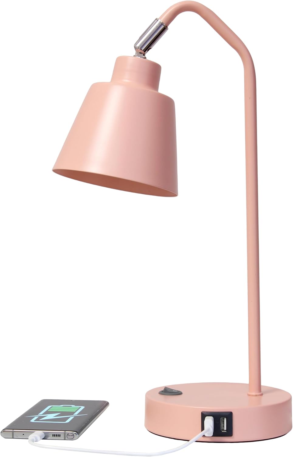 Simple Designs LD1071-BPK 16" Sleek Essentials Adjustable Metal Desk Task Lamp with Dual USB Ports, for Office, Desk, Nightstand, Dorm, Blush Pink