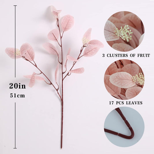 dallisten 20" Silk Artificial Eucalyptus Stems, 12 Pcs Fake Eucalyptus Stem with Leaves Berries, Greenery Plants Floral Decorations for Wedding Party Home Flowers Arrangement Boho Decor (Blush)