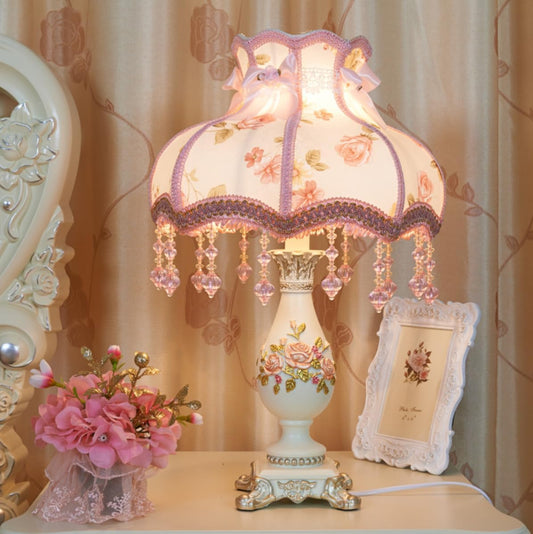 Floral Victorian European Pastoral Romantic Vintage Table Lamp - Fabric with Cloth Lace & Beaded, Cute Flower Desk Lamp, Nightstand Light for Bedroom()