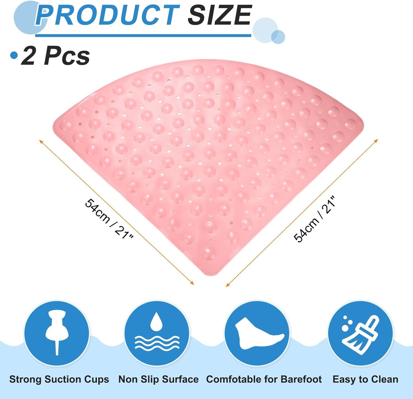 HARFINGTON 2pcs Non Slip Shower Mat 21"x21" Triangle Anti-Slip Washable Floor Bath Mats with Suction Cups for Bathroom Kitchen Bathtub Treads Stairs, Pink