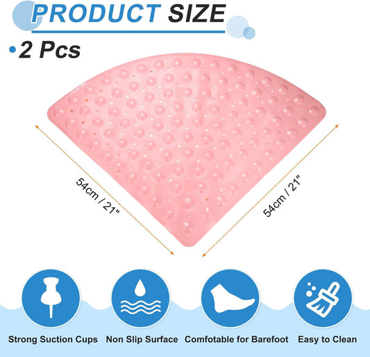 HARFINGTON 2pcs Non Slip Shower Mat 21"x21" Triangle Anti-Slip Washable Floor Bath Mats with Suction Cups for Bathroom Kitchen Bathtub Treads Stairs, Pink