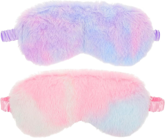 Plush Rabbit Sleep Mask 2pcs with Faux Fur Soft Eye Cover, Comfortable Light Blocking Blindfold and Teen, Travel and Nap Eye Shade in Blue and Pink