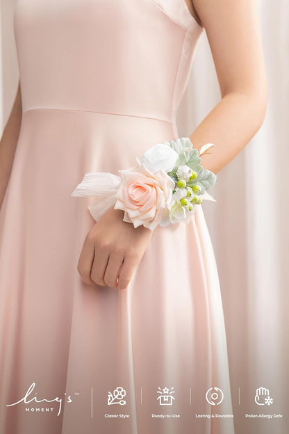 Ling's moment 6pcs Wedding Wrist Corsage Artificial Flowers, Girl/Mother Homecoming Prom Corsages Wristlet Décor, etc. Peach Pink