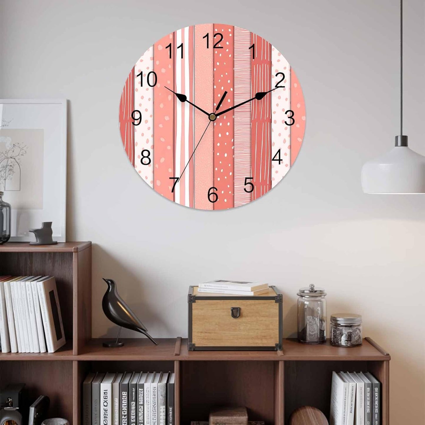Wall Clock Pink Stripes Clocks PVC Silent Non-Ticking Battery Operated Decorative Coral Polka Dots Striped Grain Round Clock for Home Living Room Kitchen Bedroom Office School Wall Decor 10 Inch