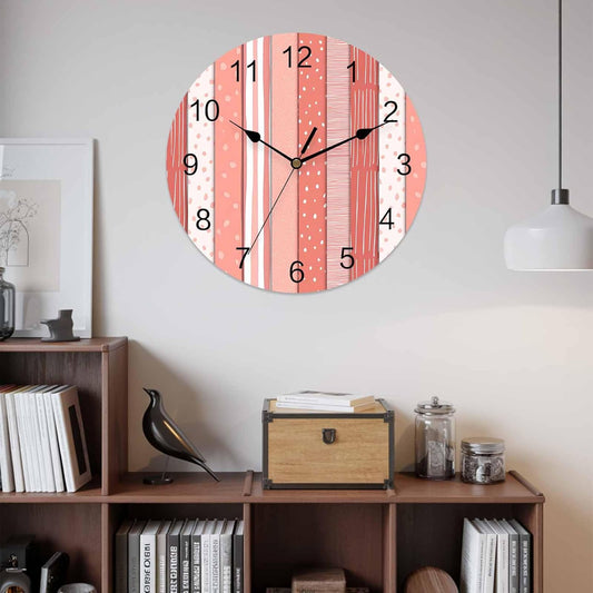 Wall Clock Pink Stripes Clocks PVC Silent Non-Ticking Battery Operated Decorative Coral Polka Dots Striped Grain Round Clock for Home Living Room Kitchen Bedroom Office School Wall Decor 10 Inch