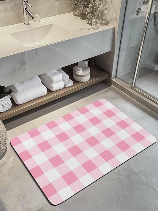 Chucoco Pink Gradient Buffalo Check Bath Rug Diatomite Shower Mat, Absorbent Bath Mat Non Slip Quick Dry Bathroom Rugs for Shower Bathtub Sink Kitchen Modern Geometric Grid