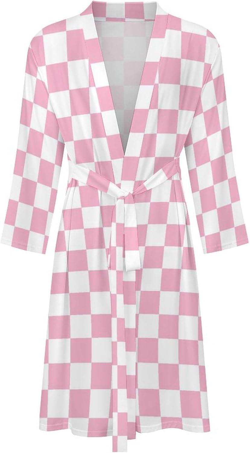 Pink Pastel Checkered Print Robes for Men Women, Soft Bathrobe Long Men Womens Robes Lightweight Cozy Bath Robe