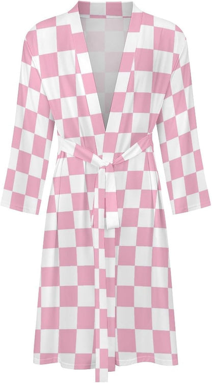 Pink Pastel Checkered Print Robes for Men Women, Soft Bathrobe Long Men Womens Robes Lightweight Cozy Bath Robe