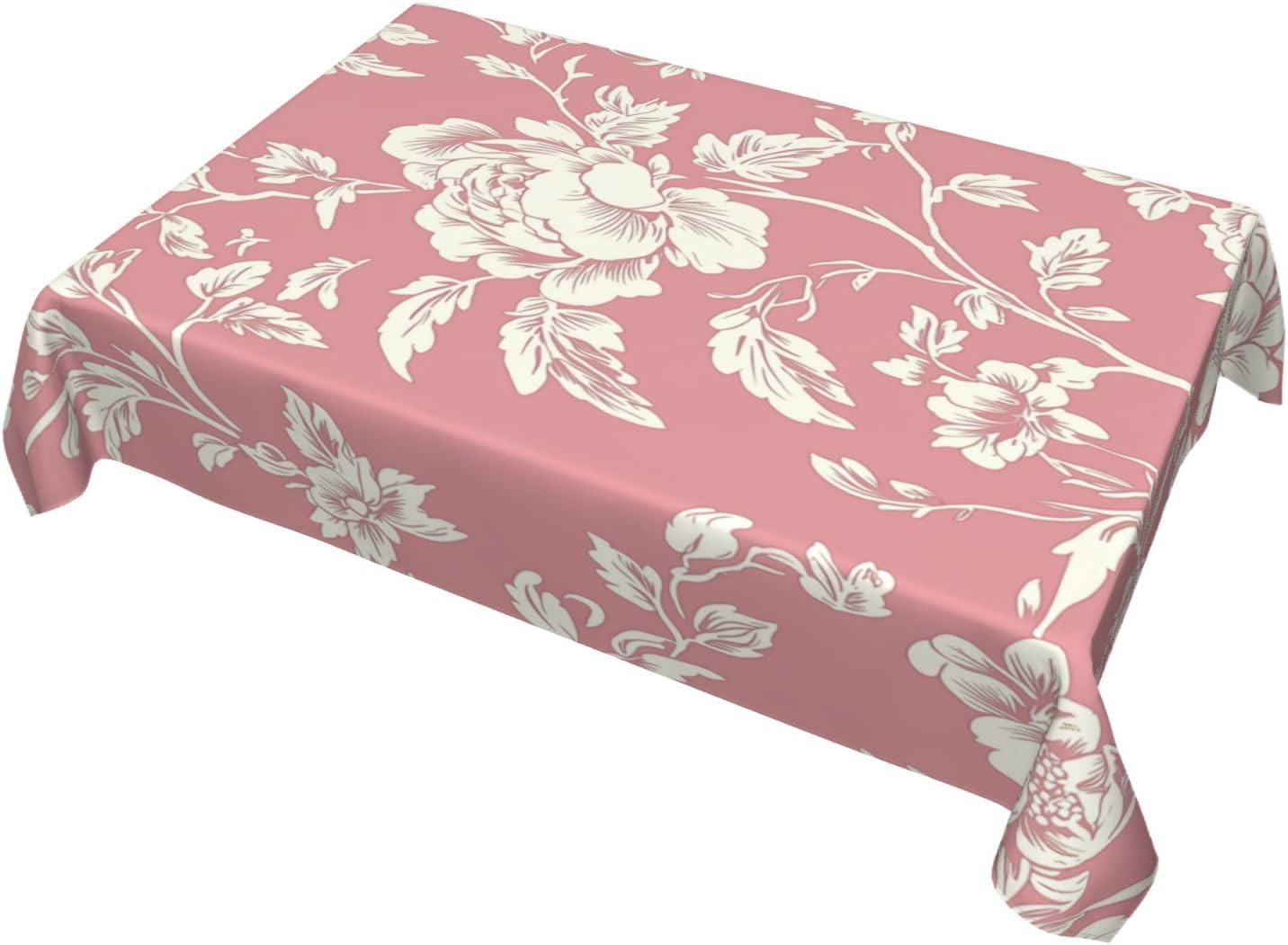 Minimalistic Pink Floral Pattern Rectangle Tablecloth, French Country Style Victorian Drop Shapes Table Cloth Dining Table Cover for Kitchen Restaurant Party Buffet Picnic, 52x70 Inch