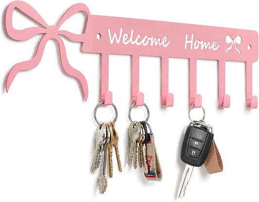 Novabright Pink Bow Welcome Home Key Hook for Wall Pink Bathroom Decor Cute Bow Towel Hooks Coquette Welcome Home Sign Key Holder Wall Mounted Racks 6 Coat Hanger for Bedroom Kitchen Entryway
