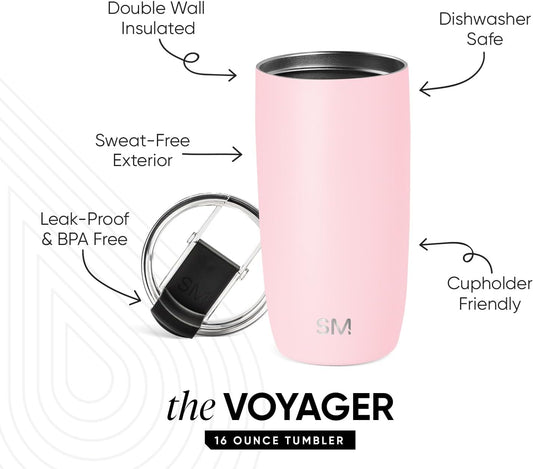 Simple Modern Voyager Tumbler with Flip Lid | Travel Coffee Mug | Insulated Stainless Steel Cold Brew Iced or Hot Coffee Cup | Gifts for Women Men Her Him | 16oz, Blush