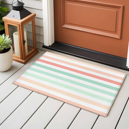 Peach Pink Green Ombre Entryway Area Rug 2'x3', Farmhouse Stripe Modern Indoor Door Mat Non Slip Kitchen Rug Runner, Washable Small Floor Mat Carpet for Bathroom