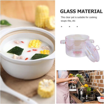 ERINGOGO Glass Cooking Pot with Cover and Handle - 1.5L/50oz Stovetop Cooking Pot with Lid Heat Resistant Glass Saucepan High Borosilicate Glass Cookware Simmer Pot Clear Soup Pot - Pink, 20x15cm