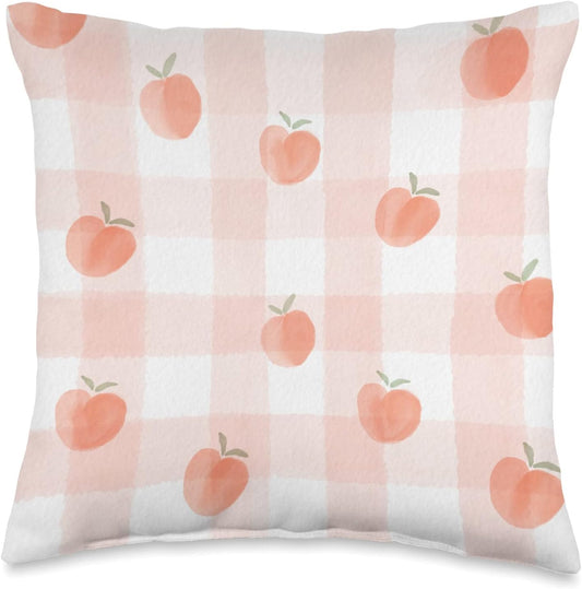 Cute Peaches on Peach And White Background Plaid Throw Pillow