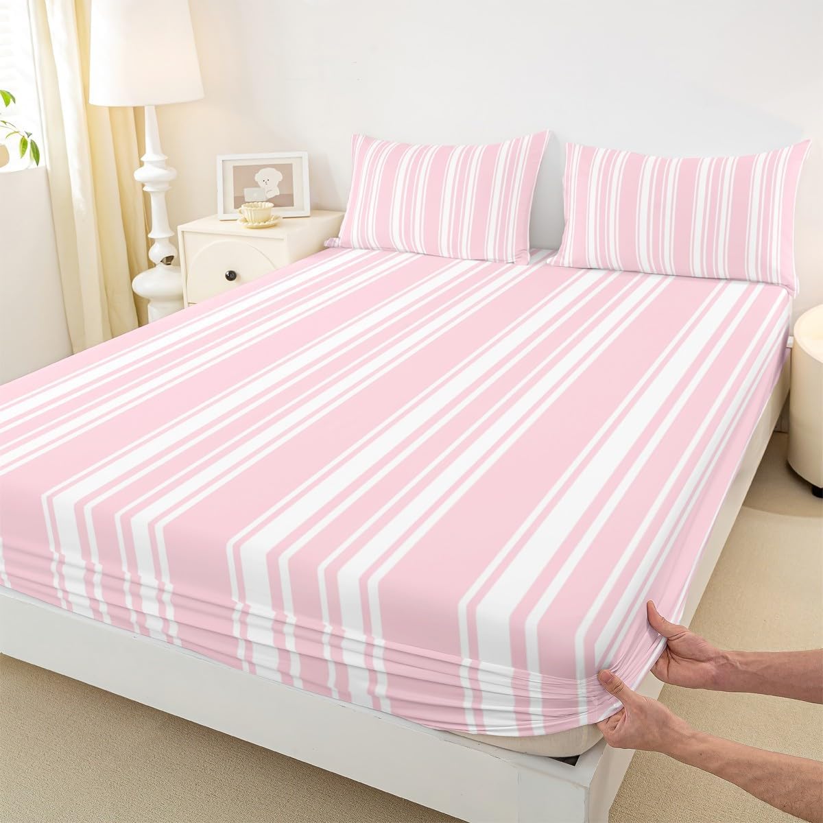 Pink Stripe Girls Fitted Sheet Twin Size,Modern Striped Woman Bedding Set,Minimalist and Neutral Style Bed Sheets 2 Pieces (No Flat Sheet),Farmhouse Fashion Deep Pocket Sheet,1 Pillowcase