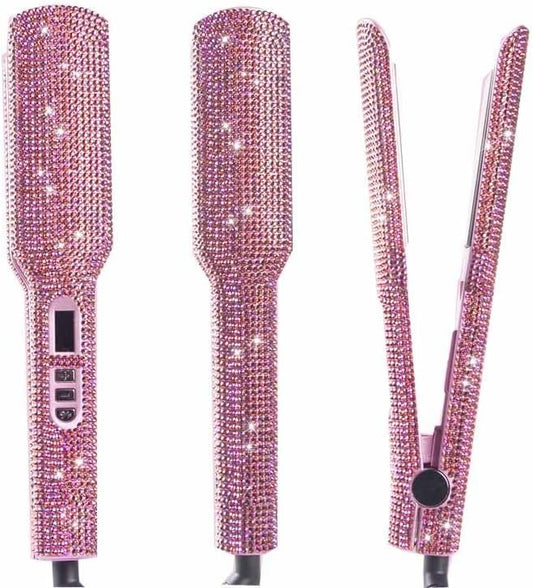 DORISILK Crystal Diamond Professional Hair Straightener, 2 Inch Titanium Flat Iron Bling Rhinestone Straightening Iron Curling 2 in 1, Salon High Heat 480 °F, Instant Heat Up, Dual Voltage, Rose Pink