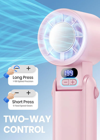 Portable Handheld Turbo Fan, 1-199 Speed Adjustable with LED Display, High-Power Motor, Rechargeable Battery, 4 IN 1 Pocket Design Mini Fans for Indoor/Outdoor/Travel/Work, Pink