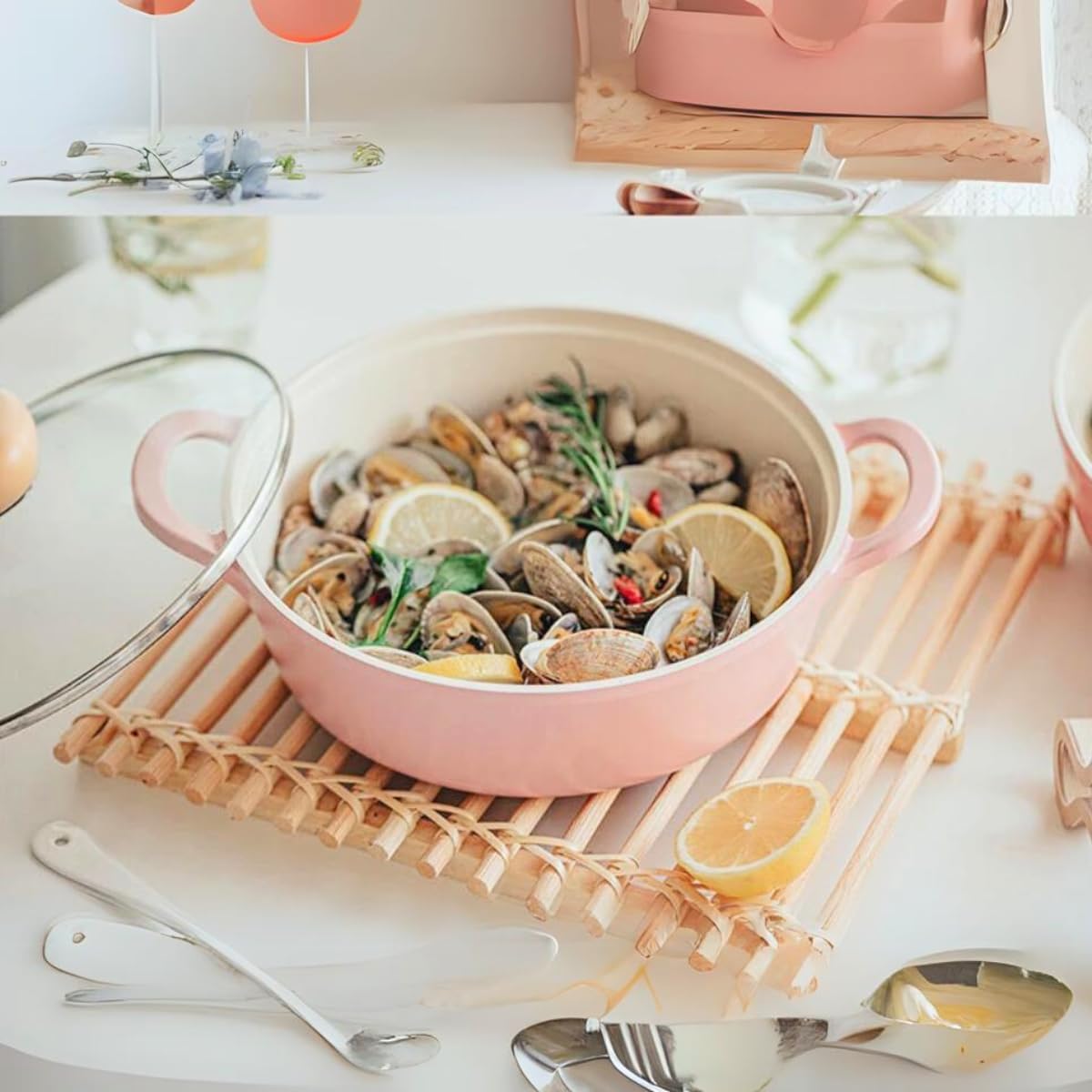 Neoflam Retro 2.0QT Low Stock Pot with Lid – 8.7" (22cm) Nonstick Ceramic Coated Casserole Pot for Soup, Pasta, Stew, Dishwasher Safe, Elegant Pink Cookware for Everyday Use, Made in Korea