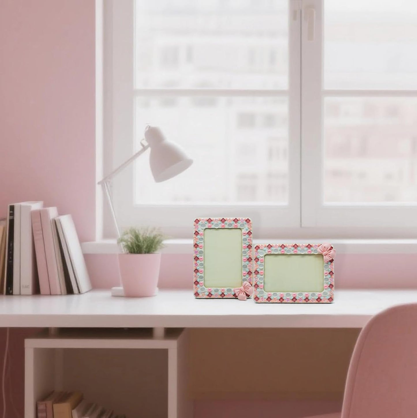 Fenzonmic DIY Photo Frame Craft Kit: Mosaic, Buttons, Stars & Bows, Customizable 4x6 Inch Wood Frame for Family Activity, Home Decor Gifts (Pink)