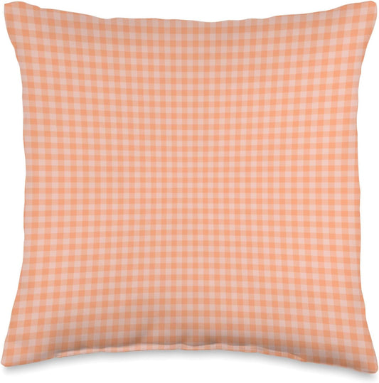 Cute Pastel Coral Peach Plaid Gingham Checkered Pattern Throw Pillow