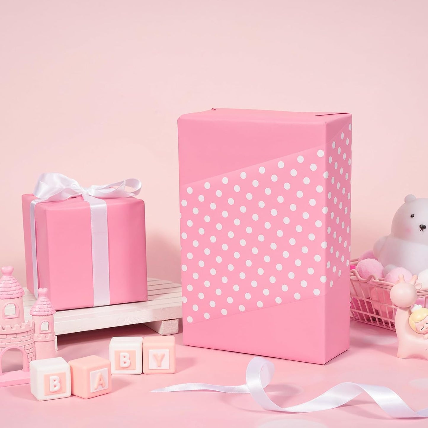 WRAPAHOLIC Reversible Wrapping Paper - Mini Roll - 17 Inch X 33 Feet - Pink and Polka Dot Design for Birthday, Holiday, Wedding, Baby Shower