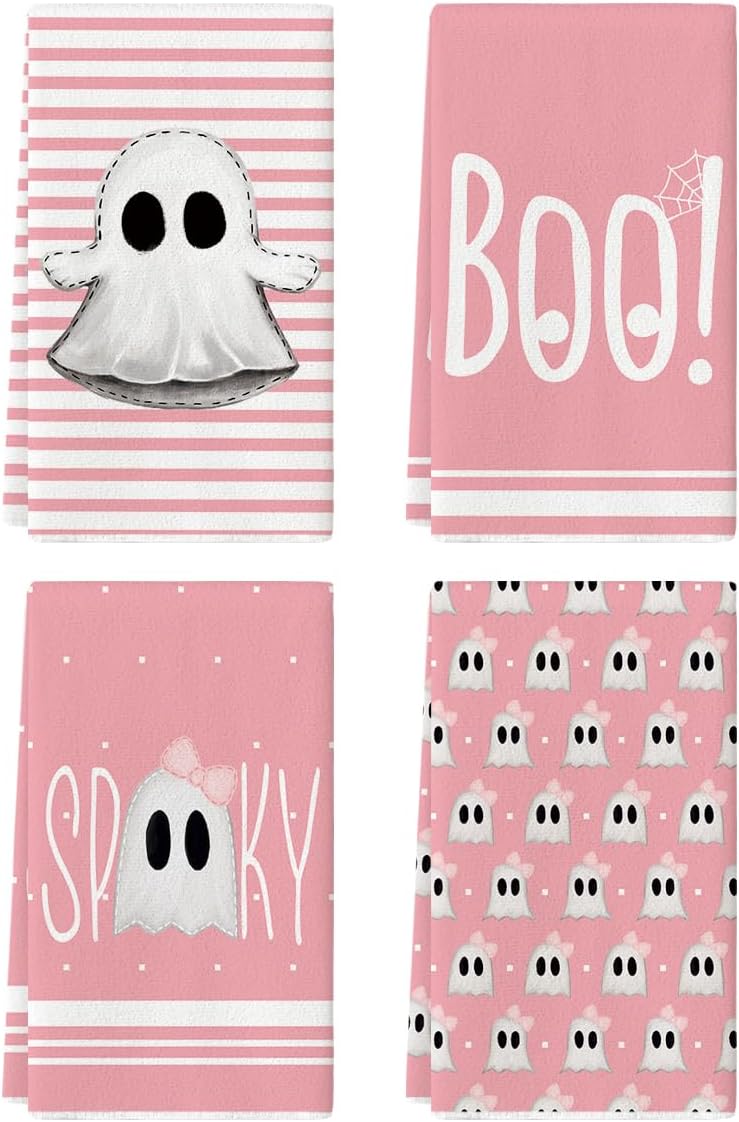 Artoid Mode Pink Stripes Ghost Boo Spooky Halloween Kitchen Towels Dish Towels, 18x26 Inch Bow Knot Decoration Hand Towels Set of 4