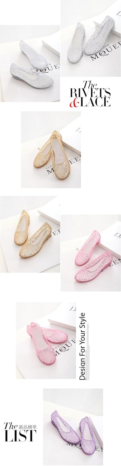 Jelly Mesh Ballet Flats for Women Sparkly Clear Jelly Sandals Hollow Water Slides Slip on House Slippers Lightweight Breathable Low Heel Wide Dressy Ballerina Shoes Summer Beach Party Cruise Vacation